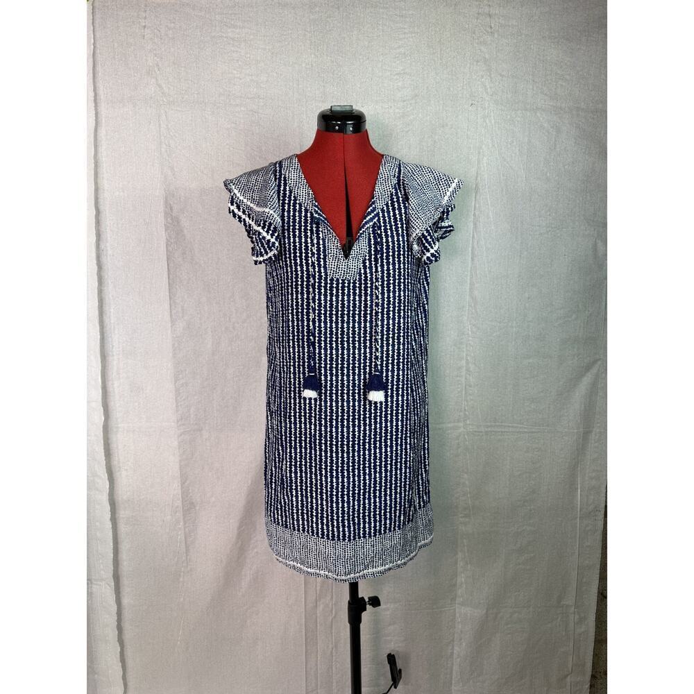 Vineyard Vines Stripe Dot Silk Blend Ruffle Tassel Tunic Shift Dress Sz XS C627